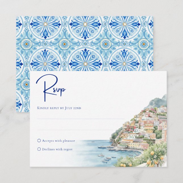 Amalfi Coast Amore | Watercolor Seaside Wedding RSVP Card (Front/Back)