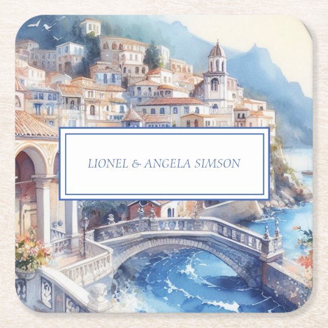Amalfi Coast Blue Tiles Italy Personalised Photo Square Paper Coaster (Front)