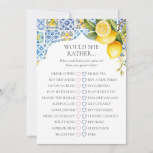 Amalfi Coast Bridal Shower Would She Rather Game Invitation
