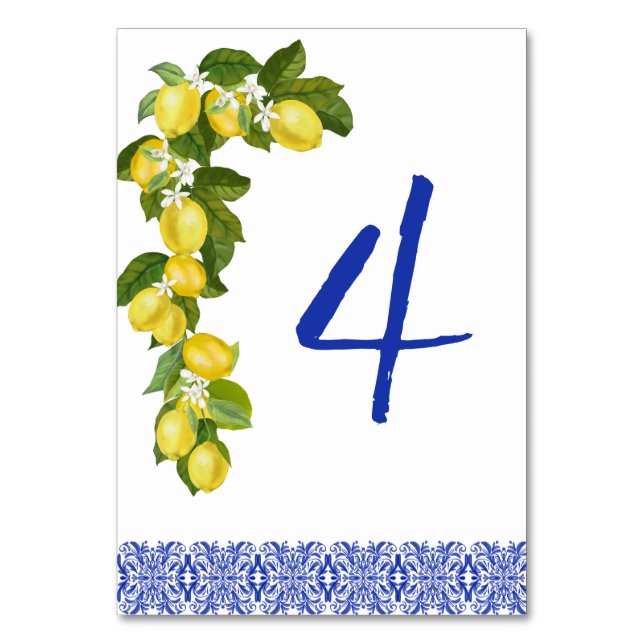 Amalfi Coast I Italian Lemon & Blue Tile Details Table Number (Front)