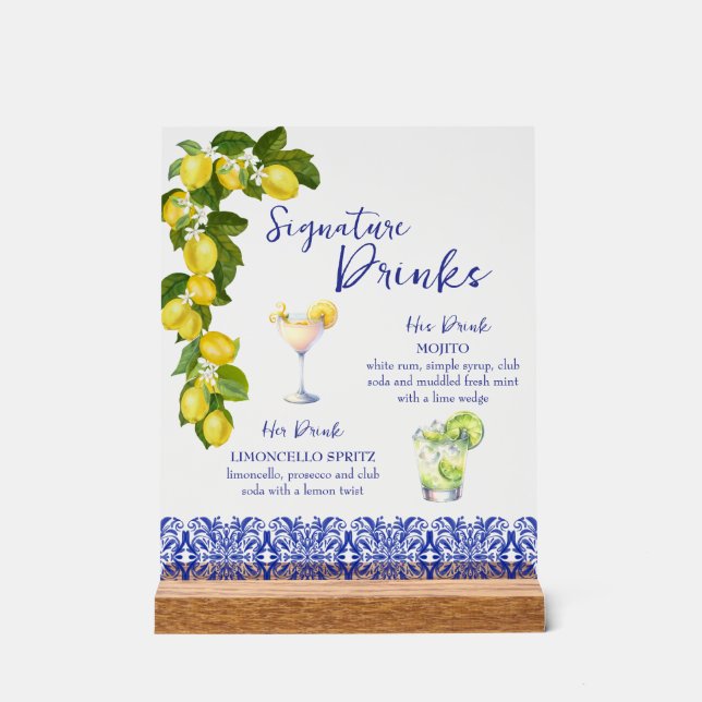 Amalfi Coast I Italian Lemon & Blue Tile Drinks Acrylic Sign (Front)