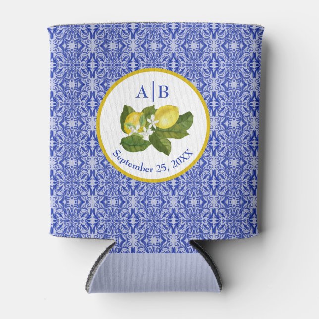 Amalfi Coast I Italian Lemon & Blue Tile Mongram Can Cooler (Front)