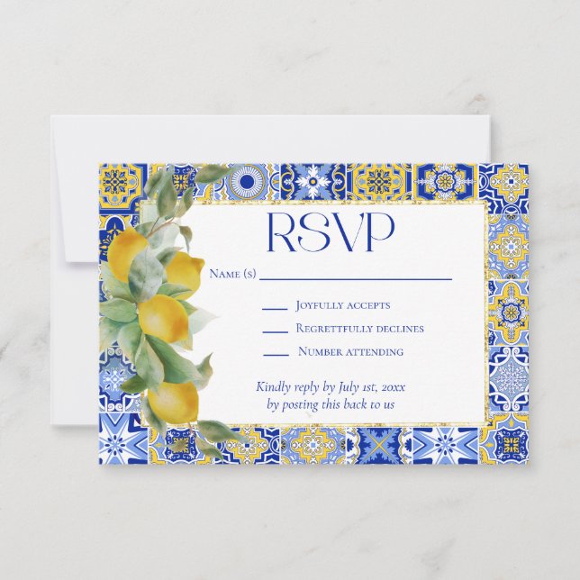 Amalfi Coast Italian Blue Tiles Lemons Wedding RSVP Card (Front)