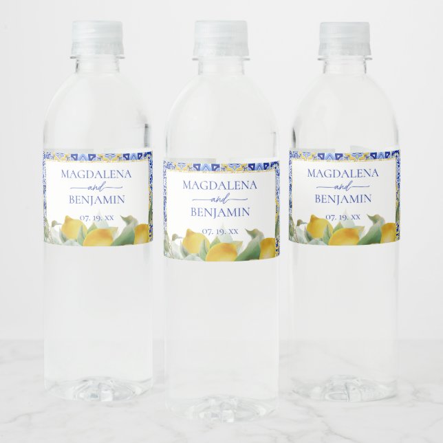 Amalfi Coast Italian Blue Tiles Lemons Wedding Water Bottle Label (Bottles)