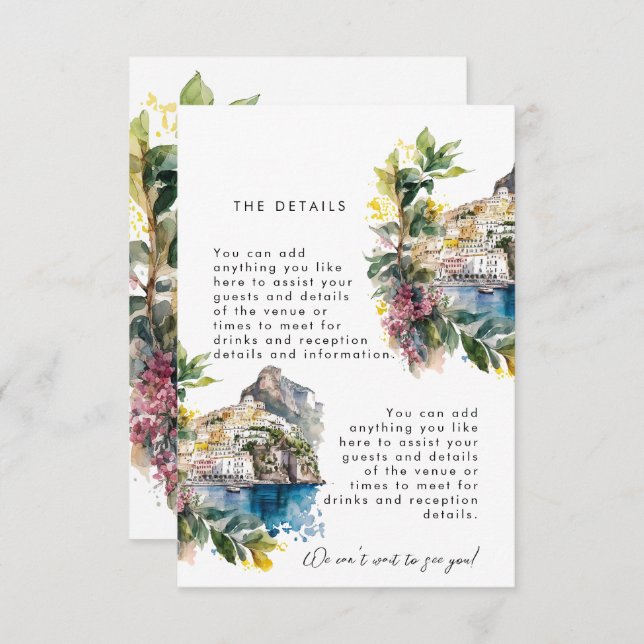 Amalfi Coast Italy summer wedding information card (Front/Back)