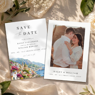 Amalfi Coast Italy Watercolor Destination Skyline Save The Date
