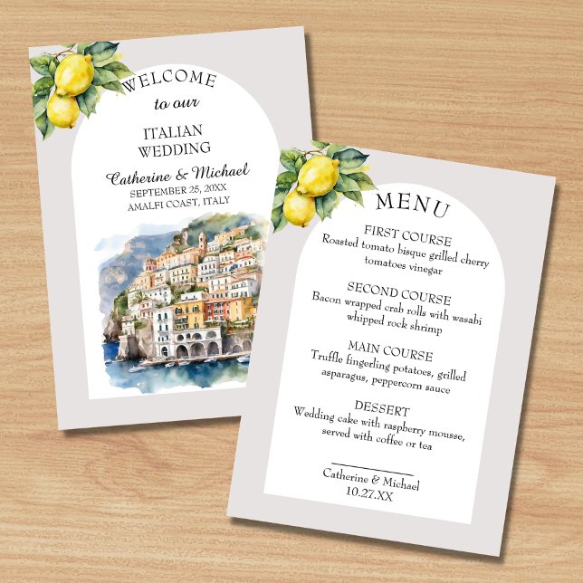 Amalfi Coast Italy Watercolor Destination Wedding  Menu (Creator Uploaded)