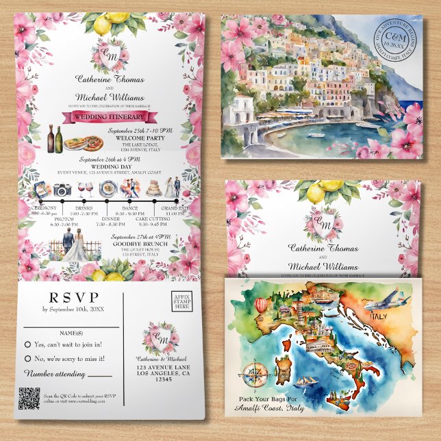 Amalfi Coast Italy Watercolor Destination Wedding  Tri-Fold Invitation (Creator Uploaded)