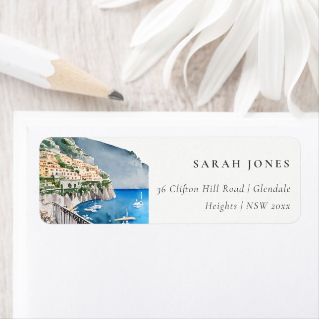 Amalfi Coast Italy Watercolor Landscape Address (Insitu)