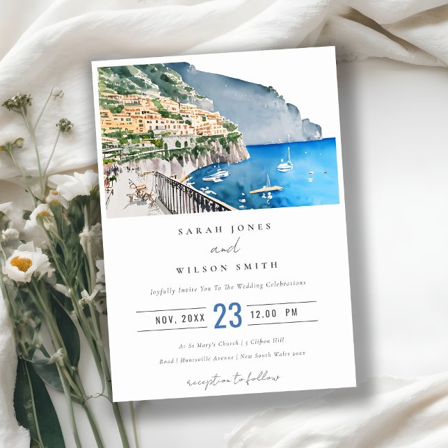 Amalfi Coast Italy Watercolor Landscape Wedding Invitation (Creator Uploaded)
