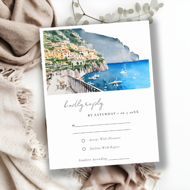Amalfi Coast Italy Watercolor Landscape Wedding RSVP Card (Creator Uploaded)