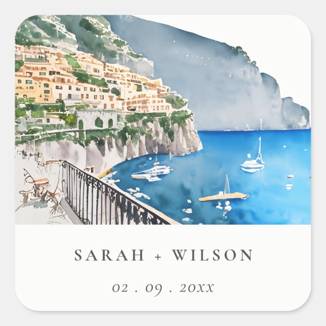 Amalfi Coast Italy Watercolor Landscape Wedding Square Sticker (Front)