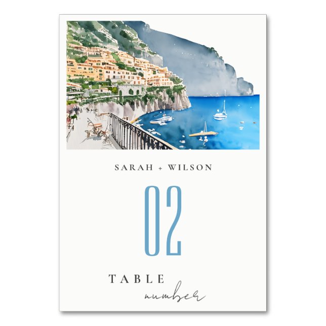 Amalfi Coast Italy Watercolor Landscape Wedding Table Number (Front)