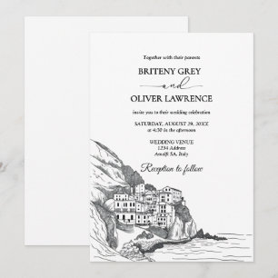 Amalfi Coast Italy Watercolor Skyline Wedding Invitation