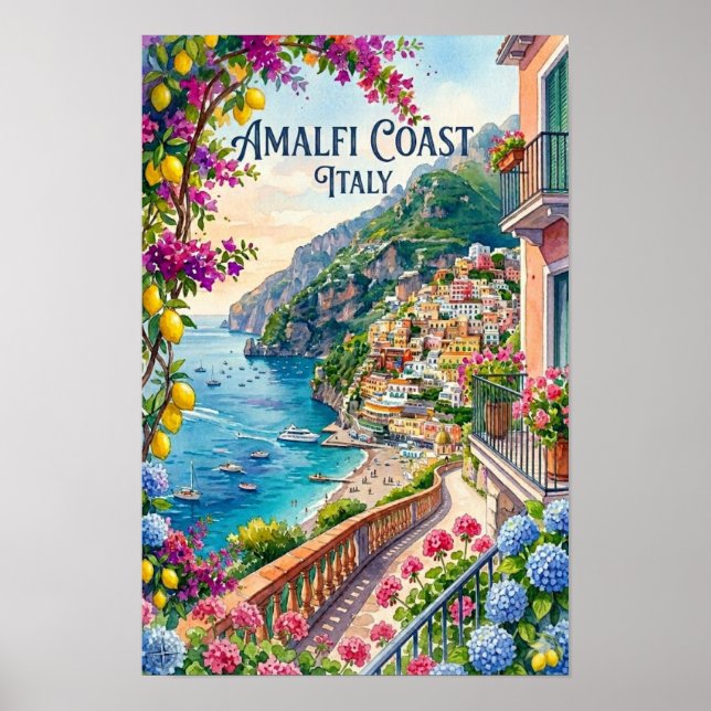 Amalfi Coast Italy Watercolor Travel Tropical Poster (Front)