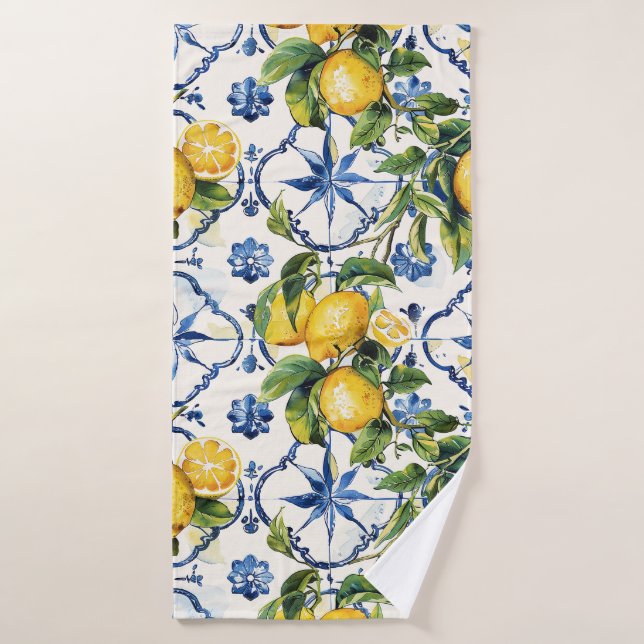 Amalfi Coast Lemon and Tiles Pattern Bath Towel (Bath Towel)