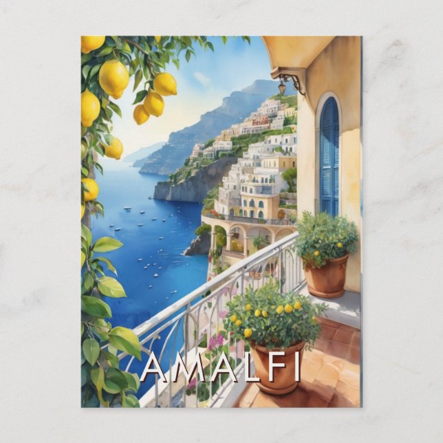 Amalfi Coast Lemon Balcony Ocean View Retro Travel Postcard (Front)