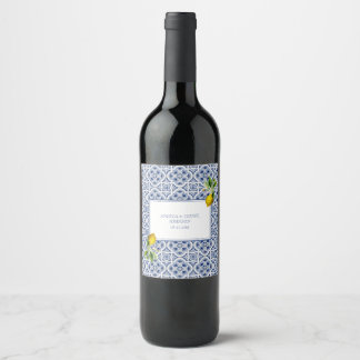 Amalfi Coast Lemon Blue Tiles Italy Wedding Wine Label