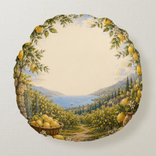 Amalfi Coast Lemon Grove Mediterranean Coastal Round Cushion