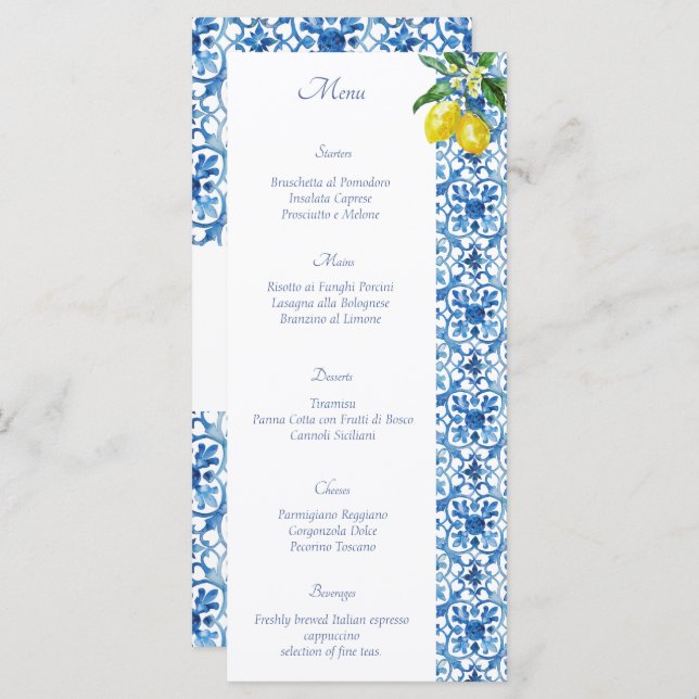 Amalfi Coast Lemon Tiles Italy Wedding Menu (Front/Back)