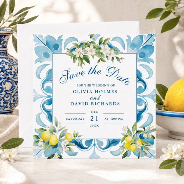 Amalfi Coast Lemon Wedding Blue Tile Save The Date (Amalfi Coast Lemon Wedding Blue Tile Save The Date)
