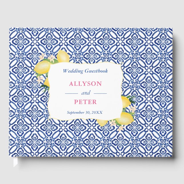 Amalfi Coast Lemons Blue Tiles Wedding Shower Guest Book (Front)