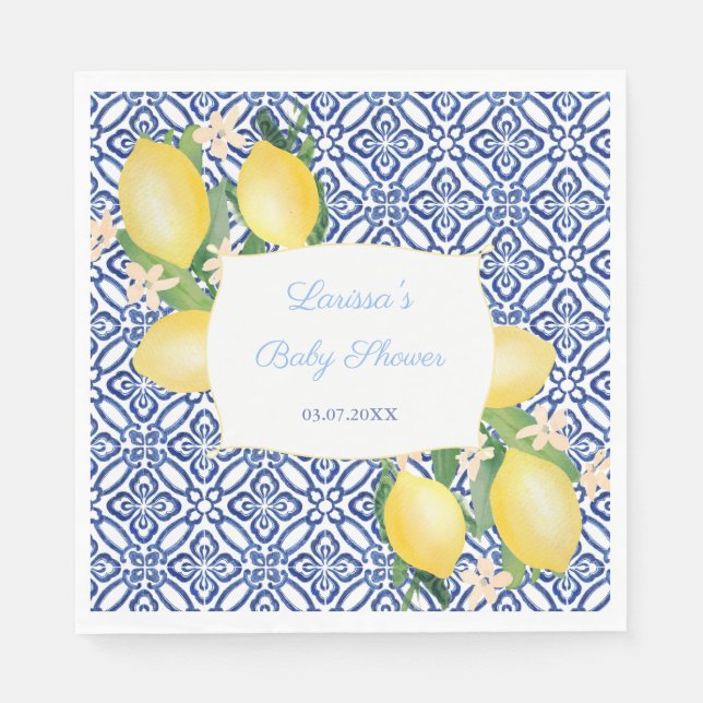 Amalfi Coast Lemons Italian Blue Tiles Baby Shower Napkin (Front)