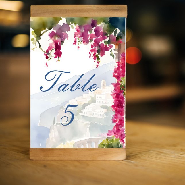 Amalfi coast Mediterranean Italian bridal shower Table Number (Amalfi coast Mediterranean Italian themed bridal shower Table Number cards bougainvillea coast view )