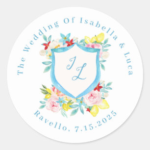Amalfi Coast Mediterranean Monogram Crest Wedding Classic Round Sticker