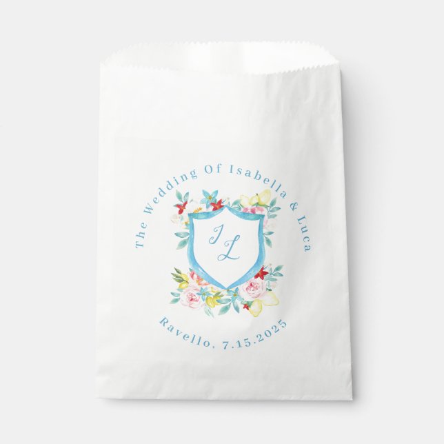 Amalfi Coast Mediterranean Monogram Crest Wedding Favour Bags (Front)