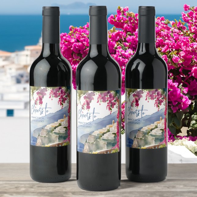 Amalfi coast Mediterranean monogram printed Wine Label (Amalfi coast bougainvillea  Mediterranean wedding bridal shower monogram printed Wine Label )