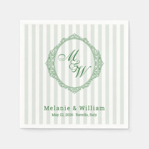 Amalfi Coast Sage Stripe Crest Monogram Wedding Napkin