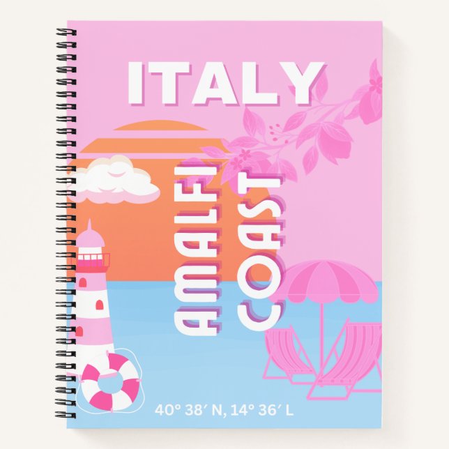 Amalfi Coast Travel Art, Preppy Travel, Pink Notebook (Front)