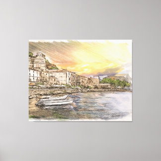 Amalfi coast village sketch with boats at sunset canvas print