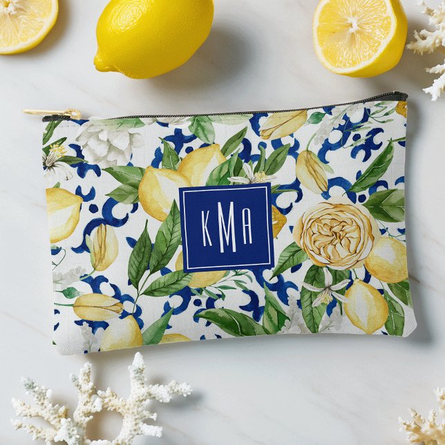 Amalfi Coast Watercolor Lemon Monogram Accessory Pouch (Creator Uploaded)