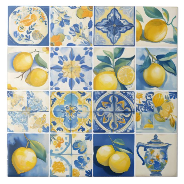 Amalfi Coast Watercolor Mediterranean Lemon  Tile (Front)