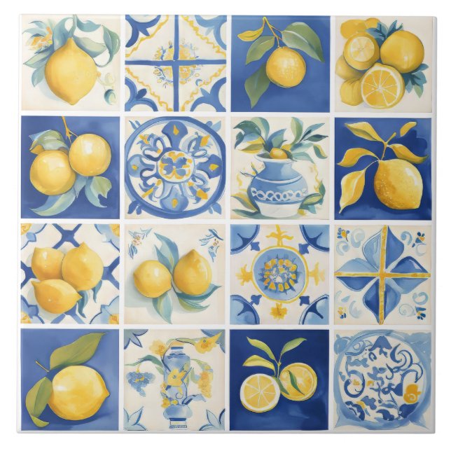 Amalfi Coast Watercolor Mediterranean Lemon  Tile (Front)