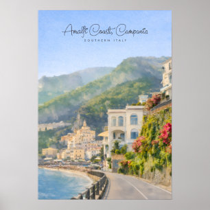 Amalfi Coast Watercolor Romantic Travel Keepsake  Poster
