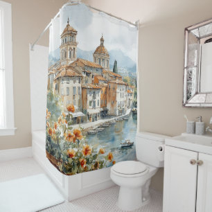 Amalfi Coast watercolor Shower Curtain