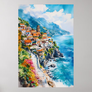 Amalfi Coast Watercolor Vintage Travel Poster Ski