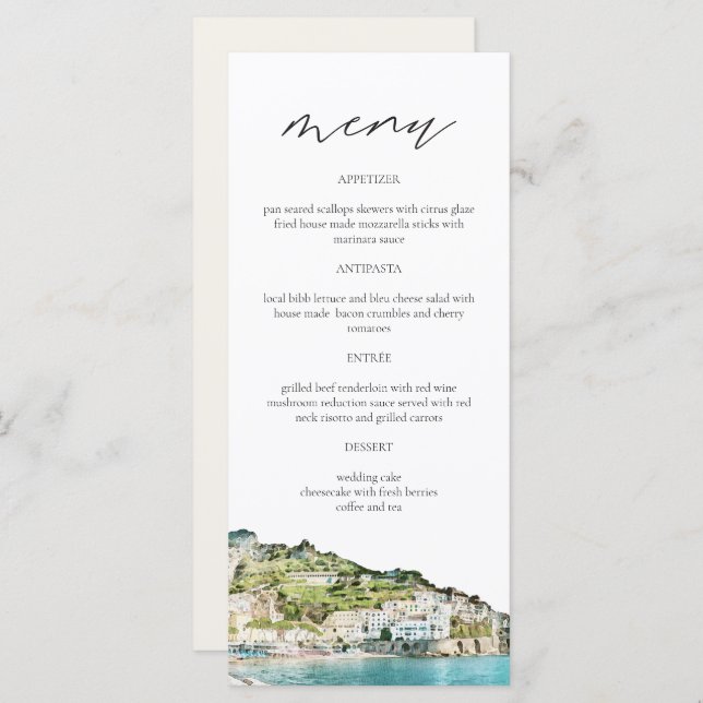 AMALFI COAST Watercolor Wedding Menu Cards (Front/Back)