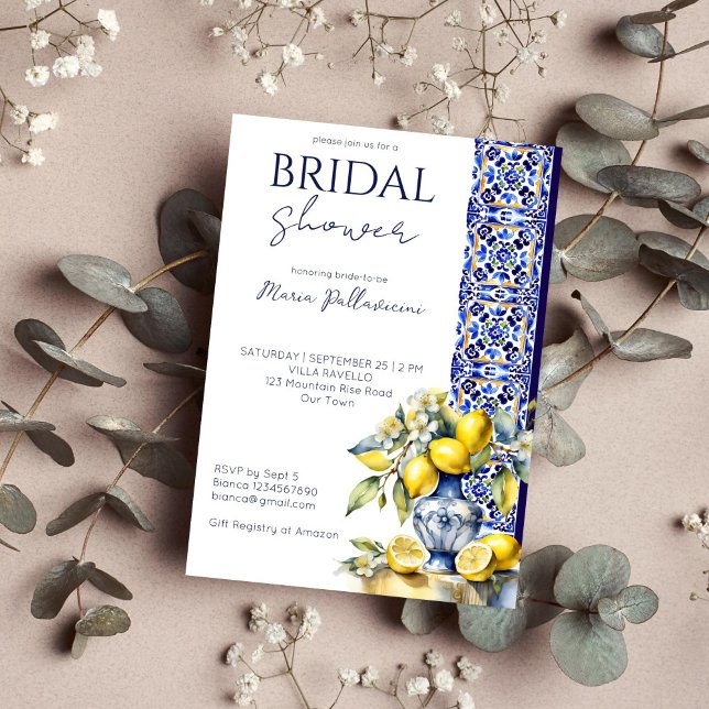 Amalfi Italian blue tiles lemons bridal shower Invitation (Amalfi Positano Mediterranean themed bridal shower editable template invitation digital download )