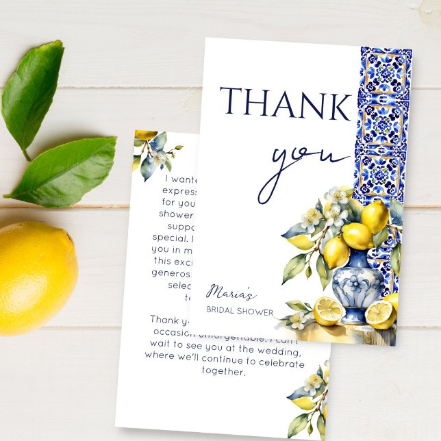 Amalfi Italian blue tiles lemons bridal shower Thank You Card (Amalfi Italian Vietri blue tiles lemons bridal shower Thank You Card Mediterranean ceramic vase)