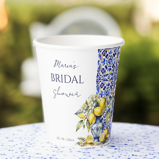 Amalfi Italian blue tiles lemons bridal template Paper Cups (Amalfi Vietri Italian blue tiles lemons bridal template Paper Cups personalized tableware summer)