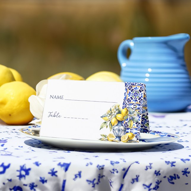 Amalfi Italian blue tiles lemons name and table Place Card (Amalfi Italian Vietri blue tiles lemons name and table Place Card Mediterranean themed place cards)