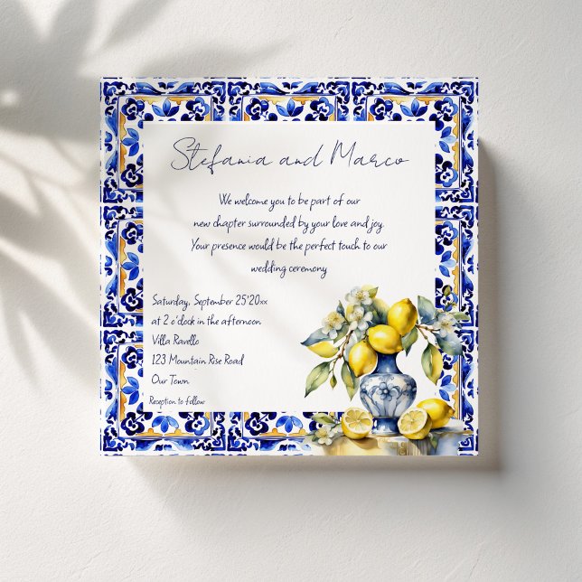 Amalfi Italian blue tiles lemons wedding Invitation (Amalfi Italian blue tiles lemons wedding Invitation template instant download blue ceramic vase)