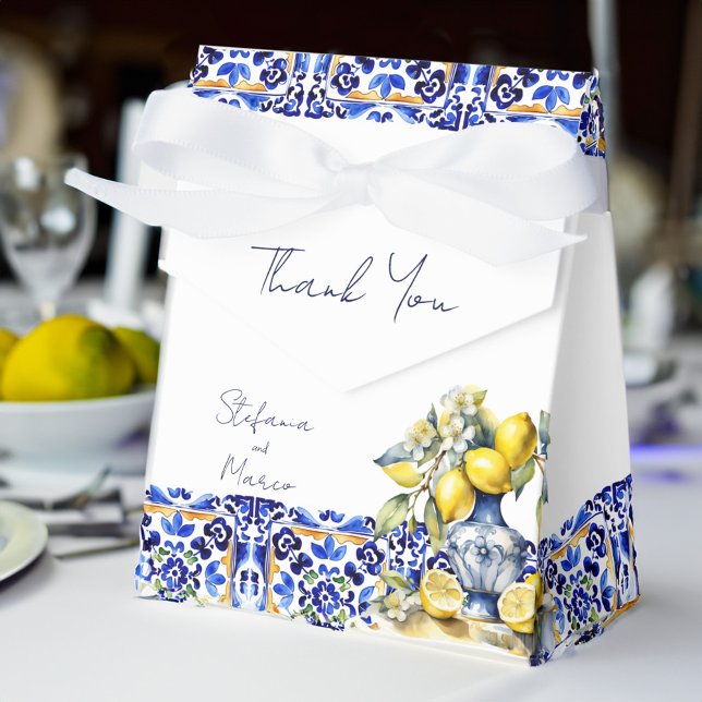 Amalfi Italian blue tiles lemons wedding printed Favour Box (Amalfi Italian blue tiles lemons wedding printed Favor Box personalized wedding favors ceramic vase)