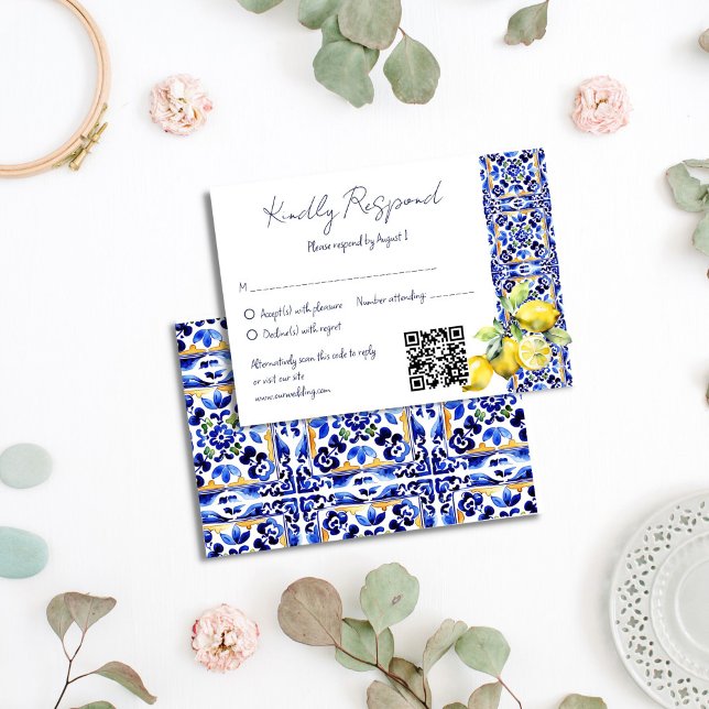 Amalfi Italian blue tiles lemons wedding RSVP Card (Amalfi Italian blue tiles lemons wedding RSVP Card Mediterranean themed wedding qr rsvp cards)