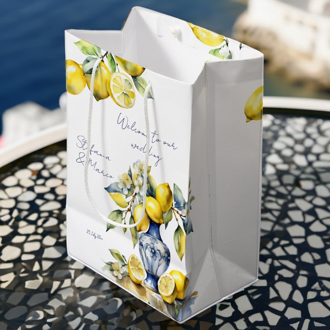 Amalfi Italian blue tiles lemons wedding welcome  Medium Gift Bag (Amalfi Italian blue tiles lemons wedding welcome favor Bag blue ceramic vase with lemons favor bag)