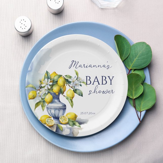 Amalfi Italian blue vase lemon baby shower printed Paper Plate (Amalfi Italian blue vase lemon baby shower monogram printed Paper Plates personalized table decor)